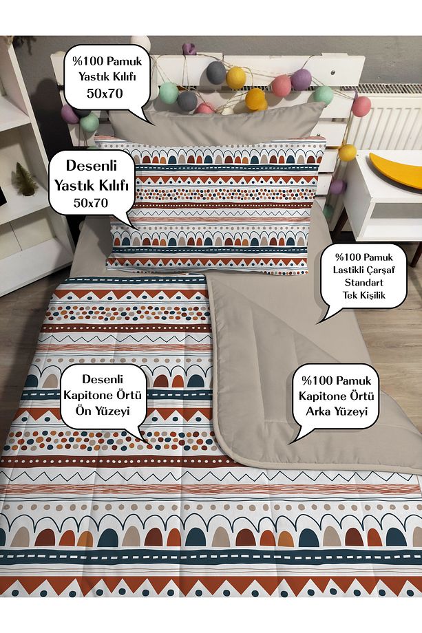 Kapitone Etnik Desen 4parça(%100PAMUK 100X200 LASTİKLİ ÇARŞAFLI) Tek Kişilik Yatak Örtüsü Takımı - 2