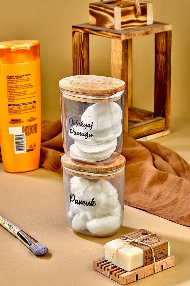 2'li Ahsap Kapaklı Pamuk & Makyaj Pamuğu Saklama Kutusu - Organizeri 400 Ml Akrilik Set - 3