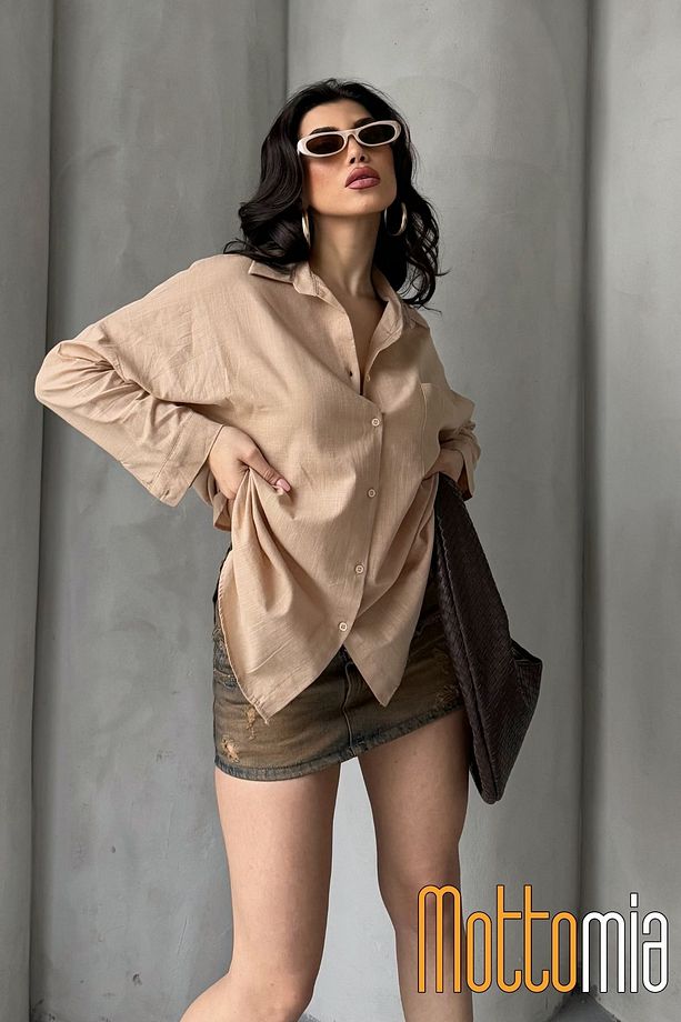 Kadın Oversize Flamlı Keten Gömlek – Yazlık, Tek Cepli, Rahat ve Şık Tasarım - 1