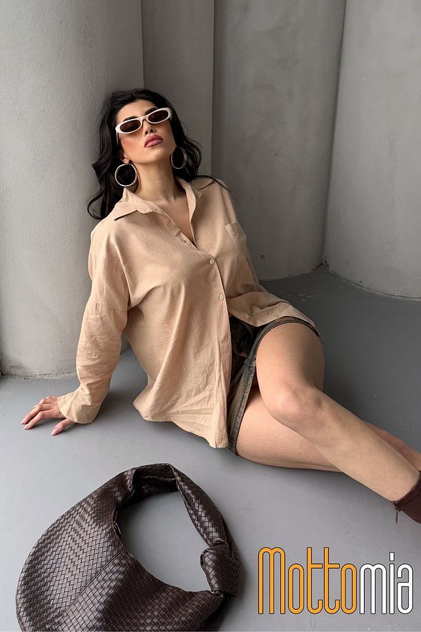 Kadın Oversize Flamlı Keten Gömlek – Yazlık, Tek Cepli, Rahat ve Şık Tasarım - 6
