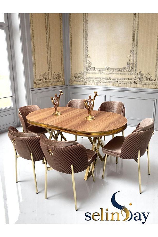 6 Kişilik Elysia Gold Line Ceviz Masa Takımı BabyFace Kumaş MDF Lak Panel Masa - 3
