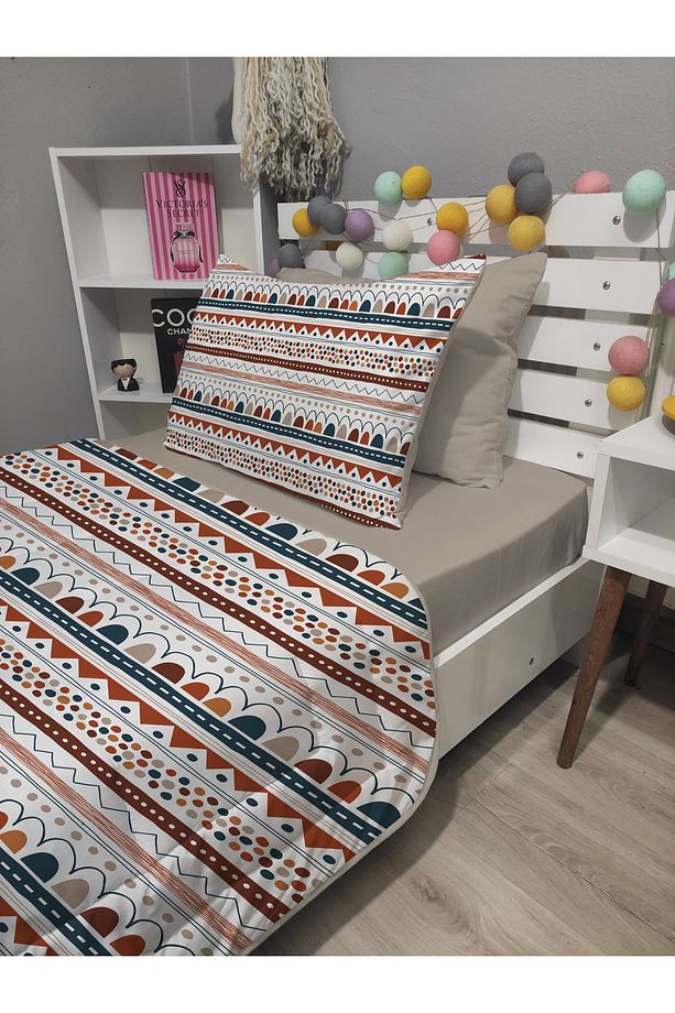 Kapitone Etnik Desen 4parça(%100PAMUK 100X200 LASTİKLİ ÇARŞAFLI) Tek Kişilik Yatak Örtüsü Takımı - 4