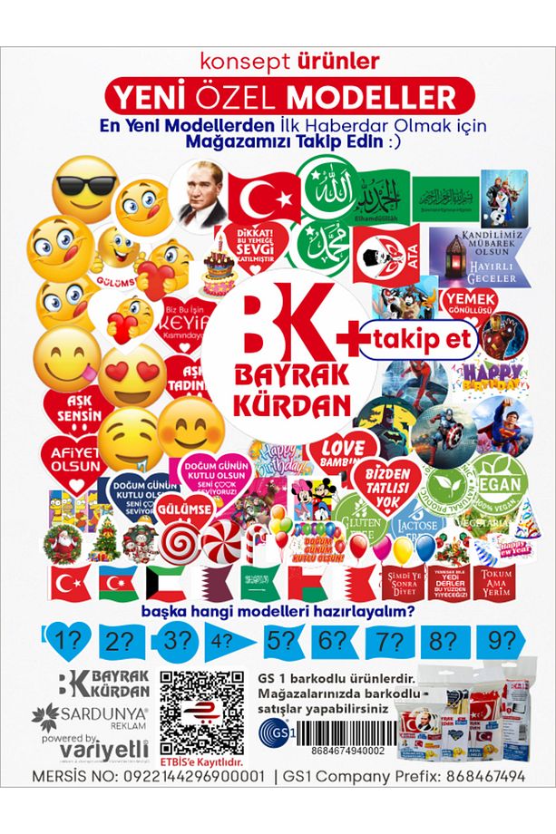 Üzerine Yazı Yazabileceğiniz 9 Farklı Bayrak Modeli, Her Modelden x5 Adet, Toplam 45 Adet, 15cm - 8