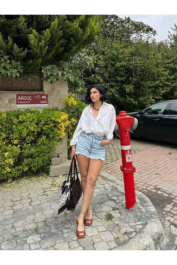 Kadın Yüksek Bel Denim Kot Şort Mavi - 5