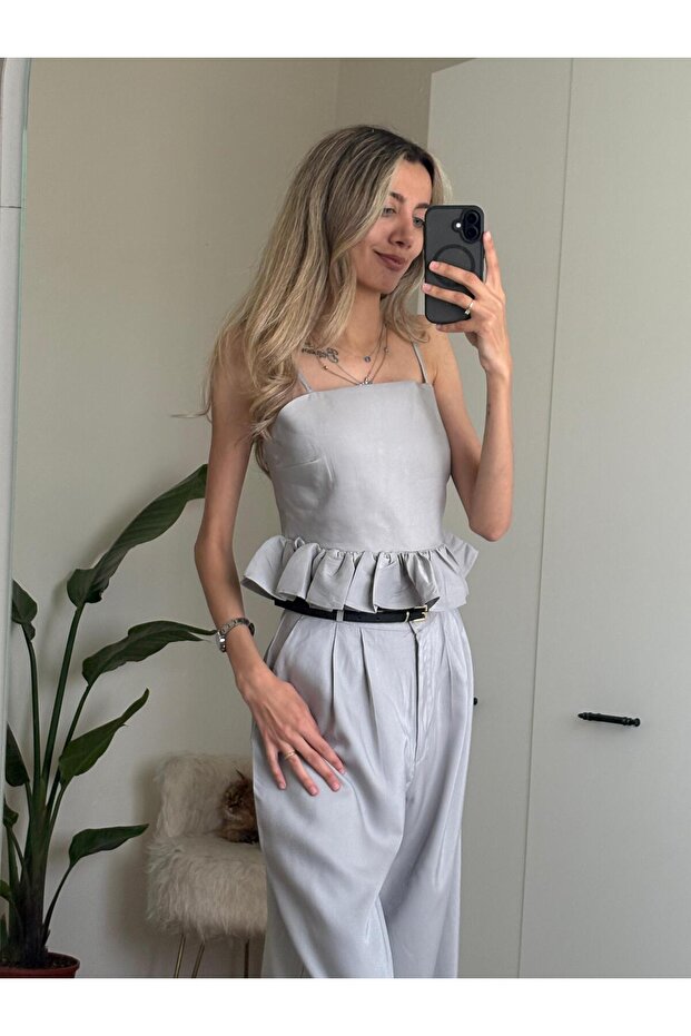 Gray Design Blouse Pants Set - 1