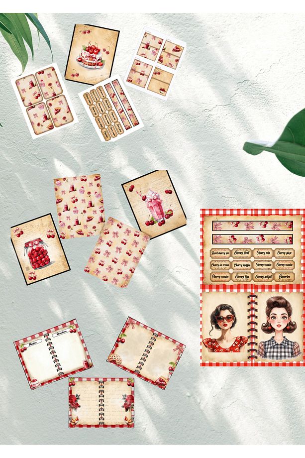 Kirazlı Junk Journal Kit,Scrapbook Paper Set Yapışkanlı - 2