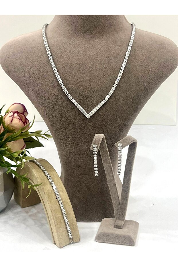 Zirkon Taşlı Çelik Silver Model Set (Set2) - 1