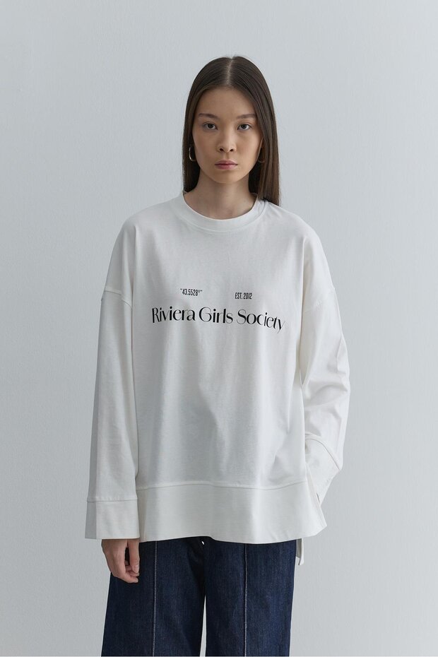 Baskılı Kalın Katlamalı Sweatshirt Ekru - 2