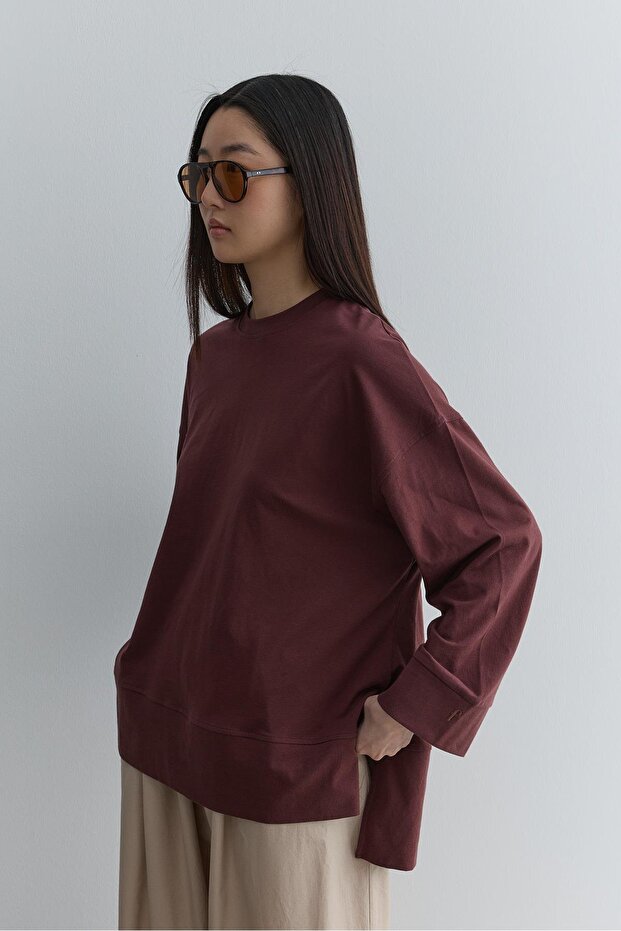 Kalın Katlamalı Sweatshirt Bordo - 1