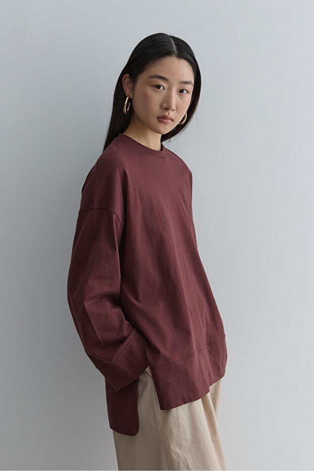 Kalın Katlamalı Sweatshirt Bordo - 5
