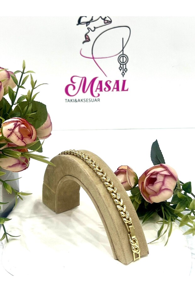 VIP Zirkon Taşlı Desenli Örme Bileklik (14K Gold/16-18cm) - 2