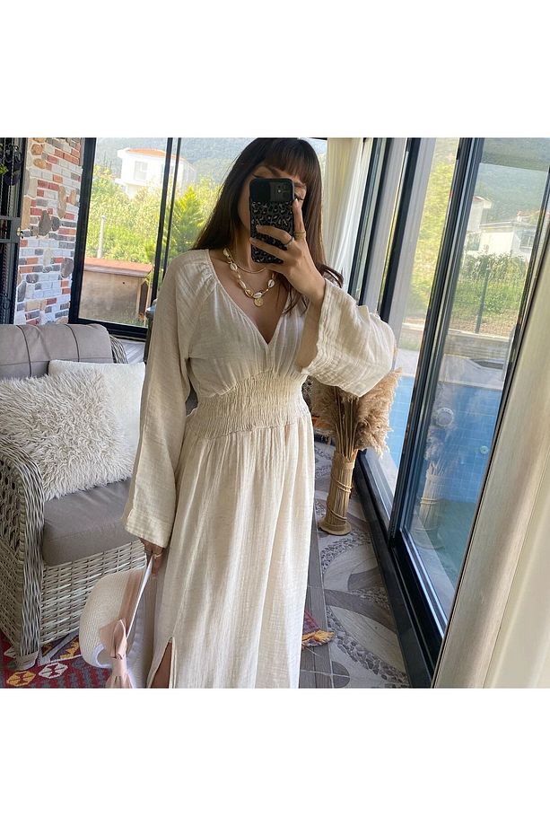 BOHO HAM KETEN ELBİSE - 5