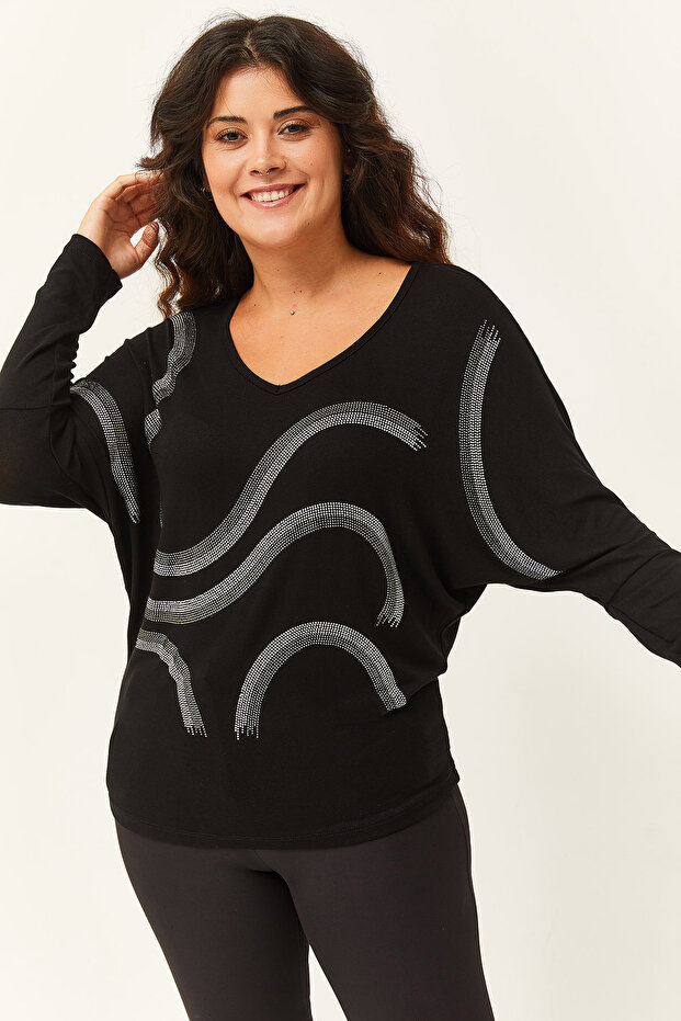 Women's Plus Size Silver Stone Printed Bat Sleeve Black Blouse