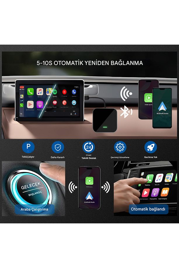 Carplay & Android Auto Kablosuz Adaptör 4GB RAM+64GB ROM Youtube Netflix Video Oynatma Kutusu Ai Box - 5
