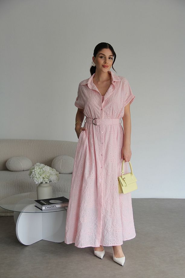 Pembe Ayrı Astarlı Kemerli Uzun Fisto Elbise - 3