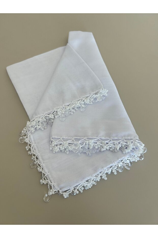 Handcrafted Hand Embroidered Solid Color Scarf Beaded Writing Yemeni Dowry Gift 100X100Cm