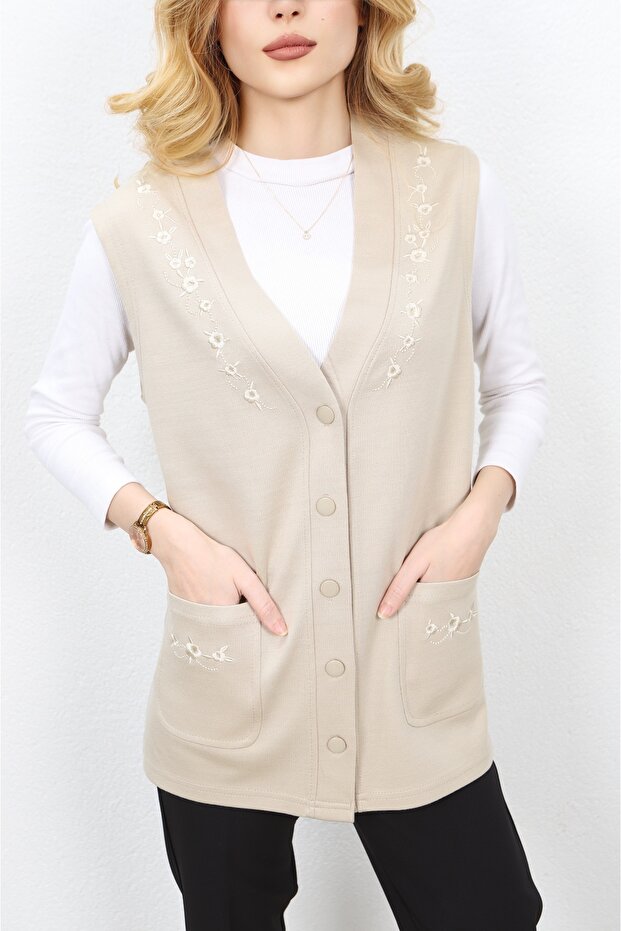 Steel Knitted 5 Button Chest Embroidered Mother Vest Stone