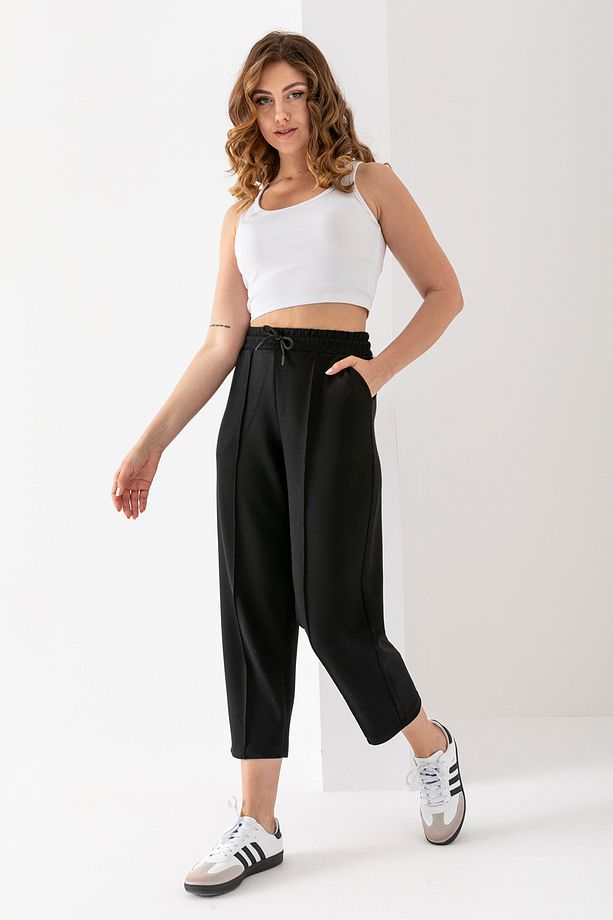 Kadın Siyah Modal Balon Model Likralı Pantolon Yumuşak Doku Beli Lastikli Çımalı Bilek Pantolon - 3