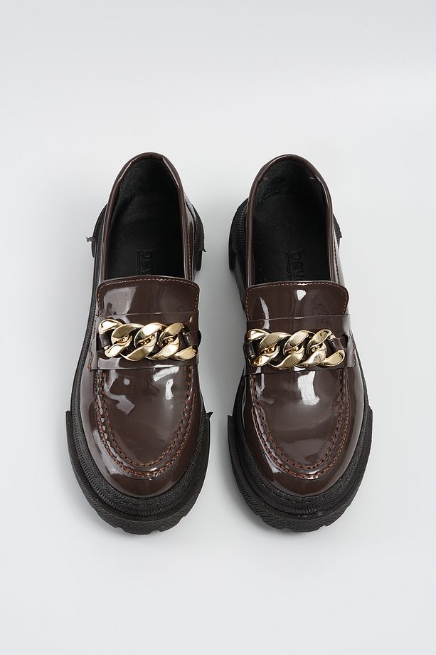Kadın Kahverengi Rugan Zincirli Kalın Taban Loafer Makosen Ayakkabı 4,5cm BYNDLFRK02 - 7