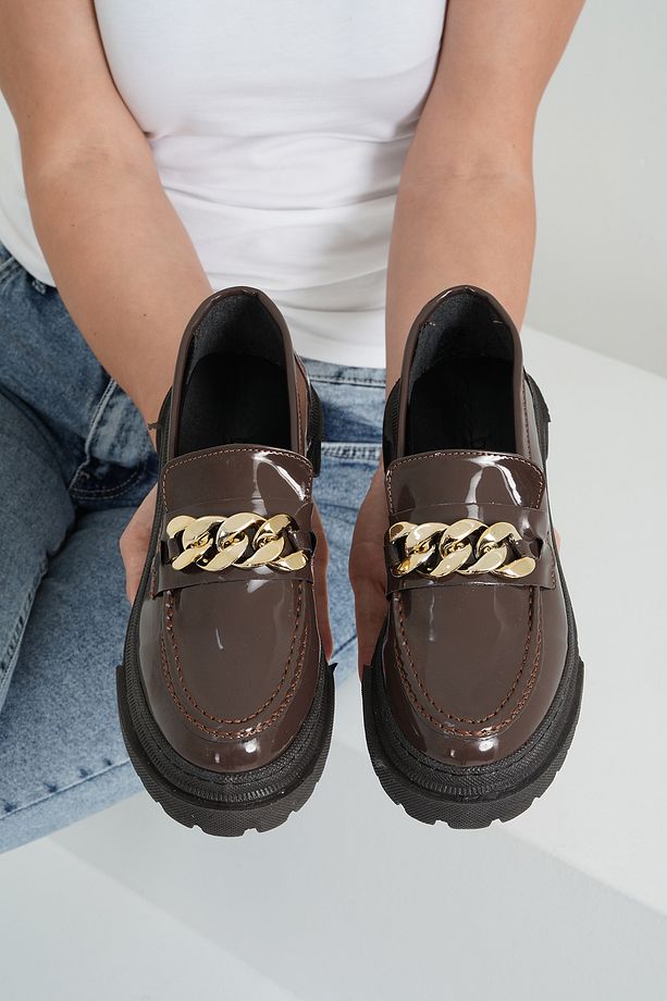Kadın Kahverengi Rugan Zincirli Kalın Taban Loafer Makosen Ayakkabı 4,5cm BYNDLFRK02 - 4