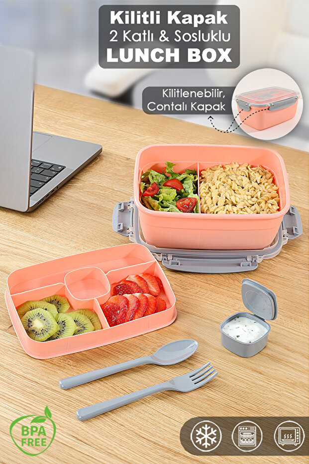 2 Tiers Locked Lid Food Container - Compartmented Lunch Box Diet Nutrition Box Sauce Bowl Fork Spoon Pink