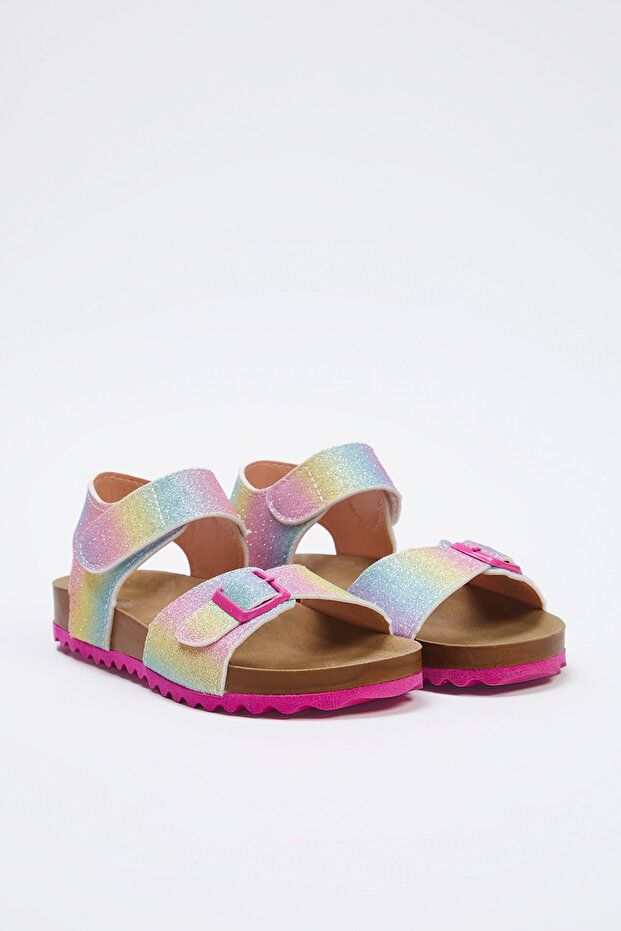 Pembe Simli Toka Detaylı Cırt Bantlı Kız Çocuk Kids Sandalet TAKSS25SD00028 - 1