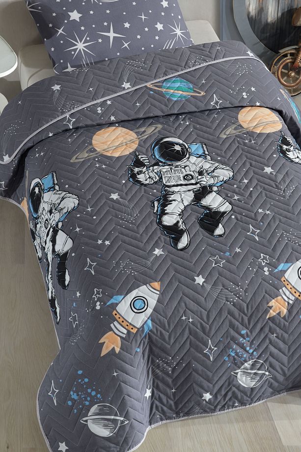 Astronot Desenli Çocuk-Genç Odası Tek Kişilik Pike-Yatak Örtüsü Takımı 160 x 230 Cm (ÇARŞAFSIZ) - 5