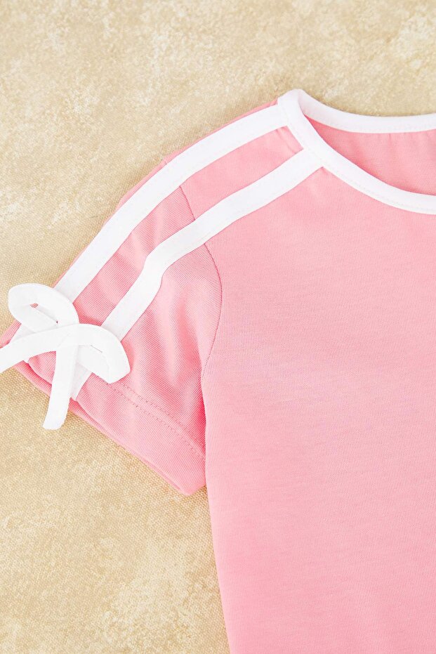 Pembe Kız Çocuk %100 Pamuk Kurdele Detaylı Kısa Kol Örme Pijama Takımı TKDSS25PT00038 - 4