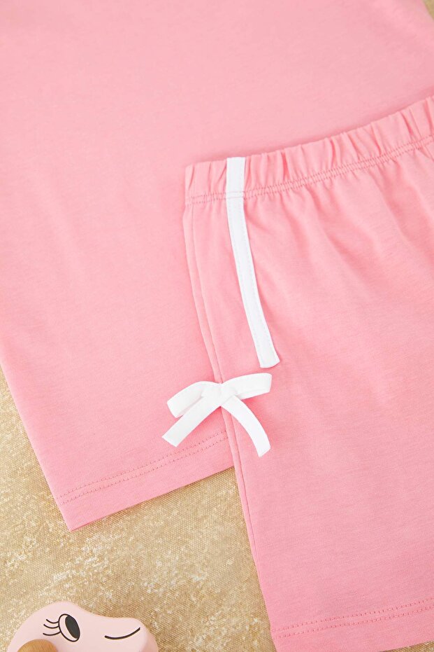 Pembe Kız Çocuk %100 Pamuk Kurdele Detaylı Kısa Kol Örme Pijama Takımı TKDSS25PT00038 - 3