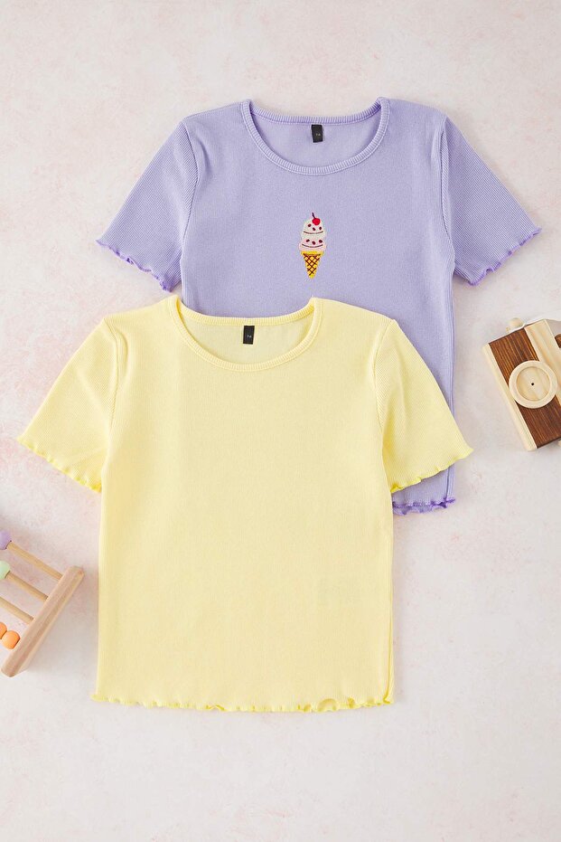 Lila-Sarı Nakışlı / İşlemeli Kız Çocuk Örme T-Shirt TKDSS25TS00027 - 6