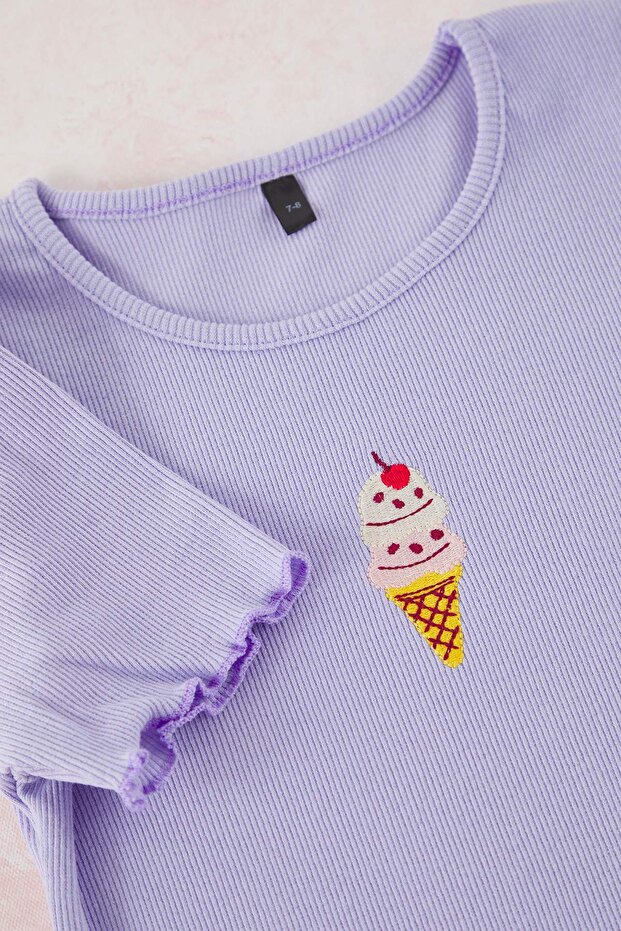 Lila-Sarı Nakışlı / İşlemeli Kız Çocuk Örme T-Shirt TKDSS25TS00027 - 9