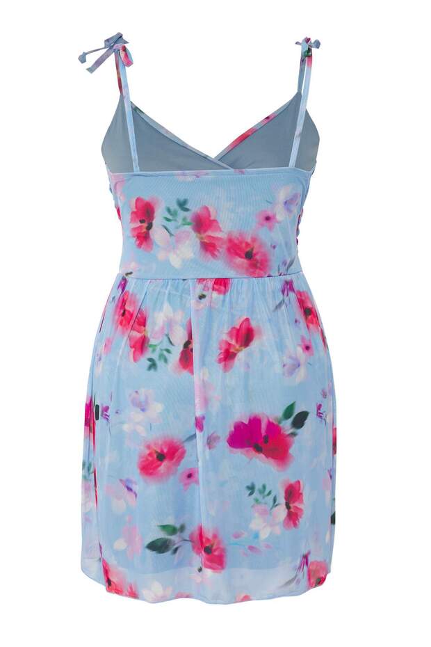 Çok Renkli Kruvaze Yaka Çiçek Desenli Tül Skater Mini Örme Büyük Beden Elbise TBBSS25AH00193 - 8