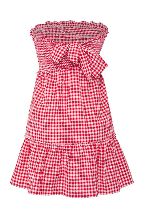 Kırmızı Ekose Dokuma Volanlı Plaj Mini Elbise TBESS25EL00143 - 7
