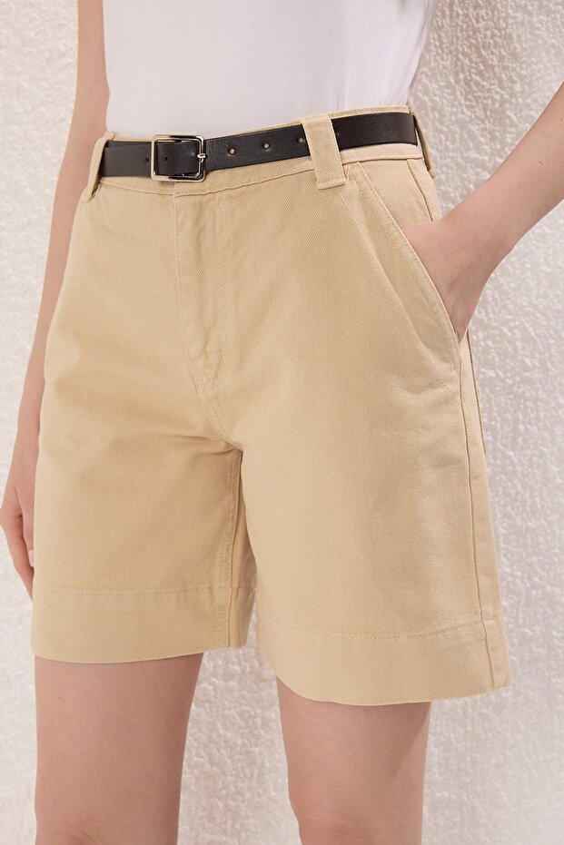 Bej Kemerli Dikiş Detaylı Yüksek Bel Denim Bermuda TWOSS25SR00196 - 3