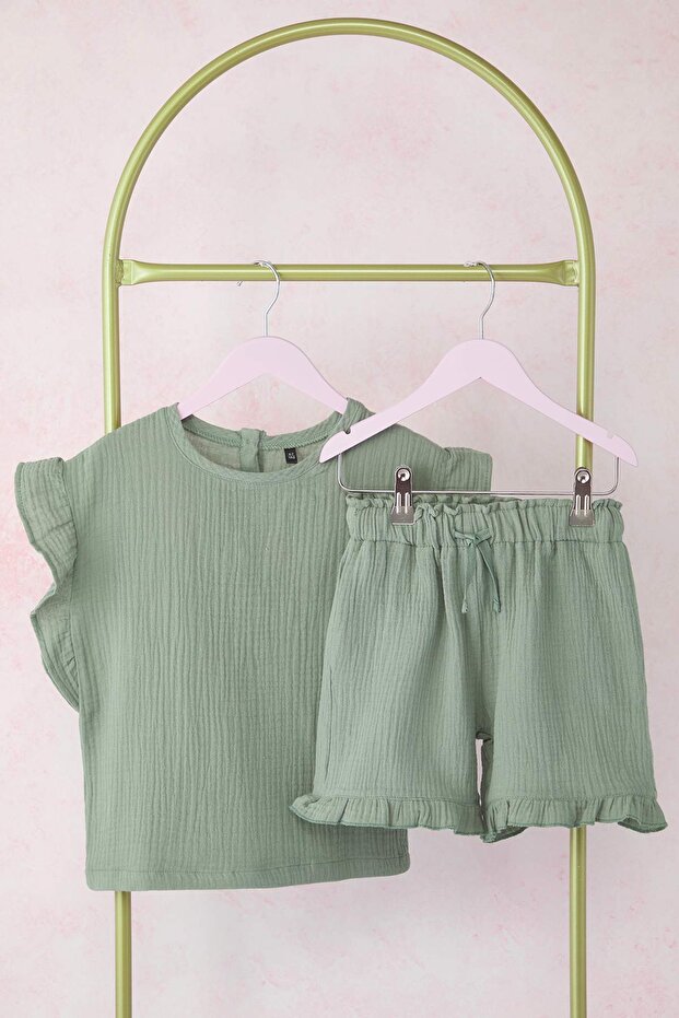 Mint Kız Çocuk Basic Fırfır Detaylı T-Shirt Şort Müslin Dokuma Alt-Üst Takım TKDSS25AU00120 - 1