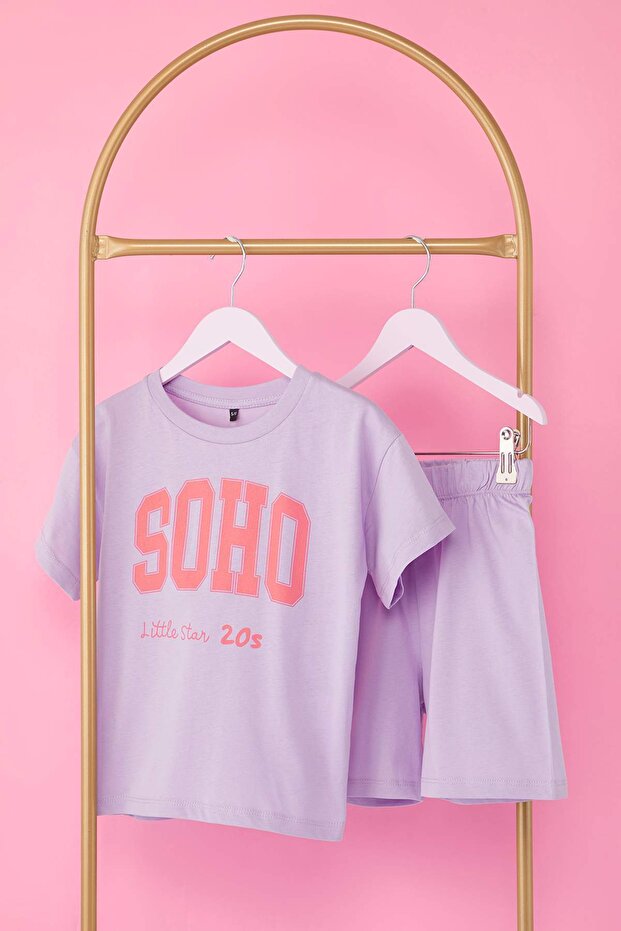 Lila Kız Çocuk %100 Pamuk Slogan Baskılı Kısa Kol Örme Alt-Üst Takım TKDSS25AU00144 - 2