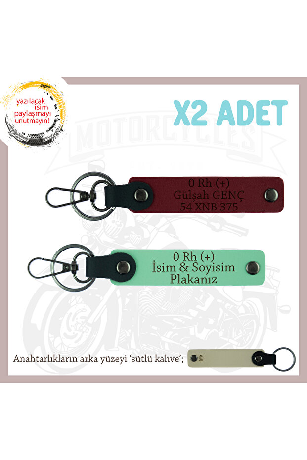 Name Plate and 0 Rh (+) Blood Group Written X2 Keychain Set, Green-Burgundy-Sk, Custom for Biker