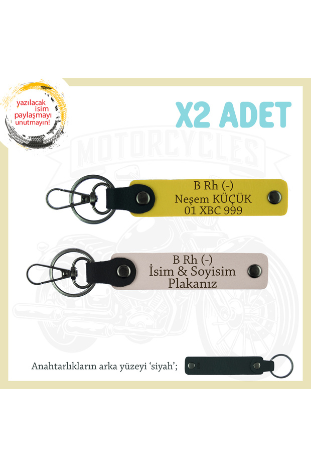 Name Plate and B Rh (-) Blood Group Gift Leather X2 Keychain, Powder-Yellow-Syh, Special for Biker Friends