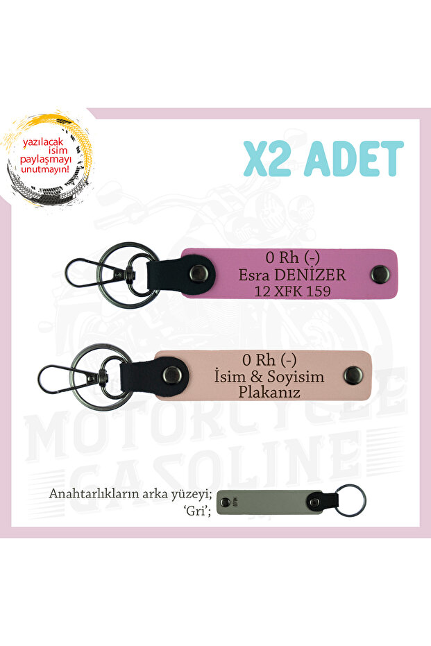 Biker Lover Gift, X2 Keychain with Name Plate and 0 Rh (-) Blood Type Lettering, Puppy-Pink-Gr
