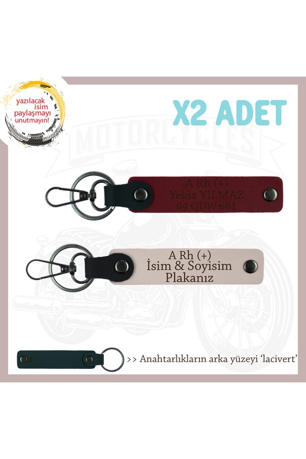 Gift 2-Piece Keychain, Powder-Burgundy-Navy, Biker Style with Custom Name Plate and a Rh (+) Blood Type Written