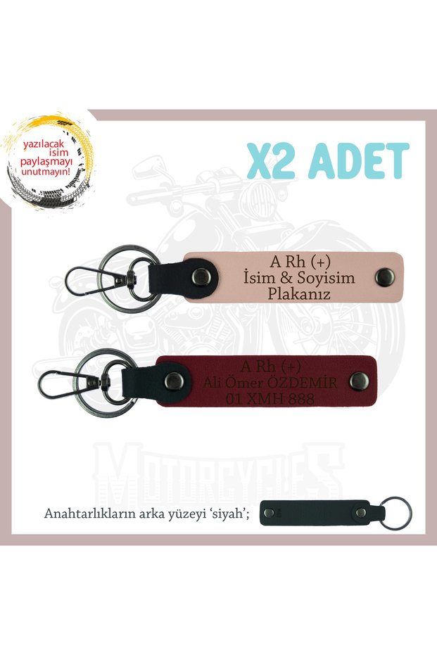 Special Gift for a Friend, Set of 2 Keychains with Name Plate and a Rh (+) Blood Type, Yavruağzı-Burgundy-Syh