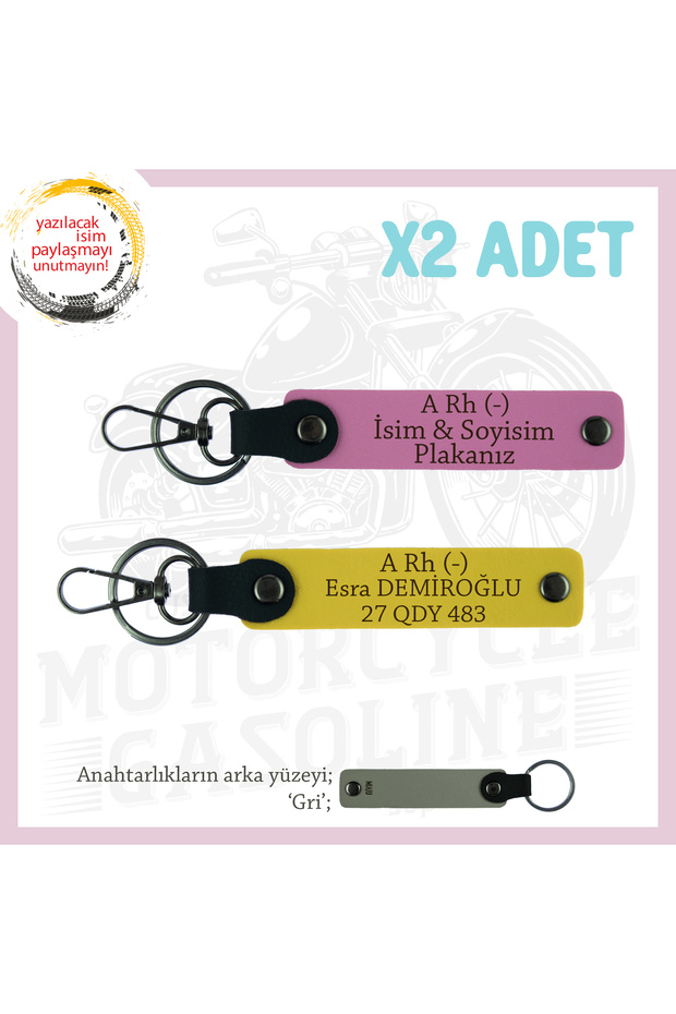 Emergency 2-Key Chain with Name Plate and a Rh (-) Blood Group Written, Yellow-Pink-Gr, Special for Motorcycle