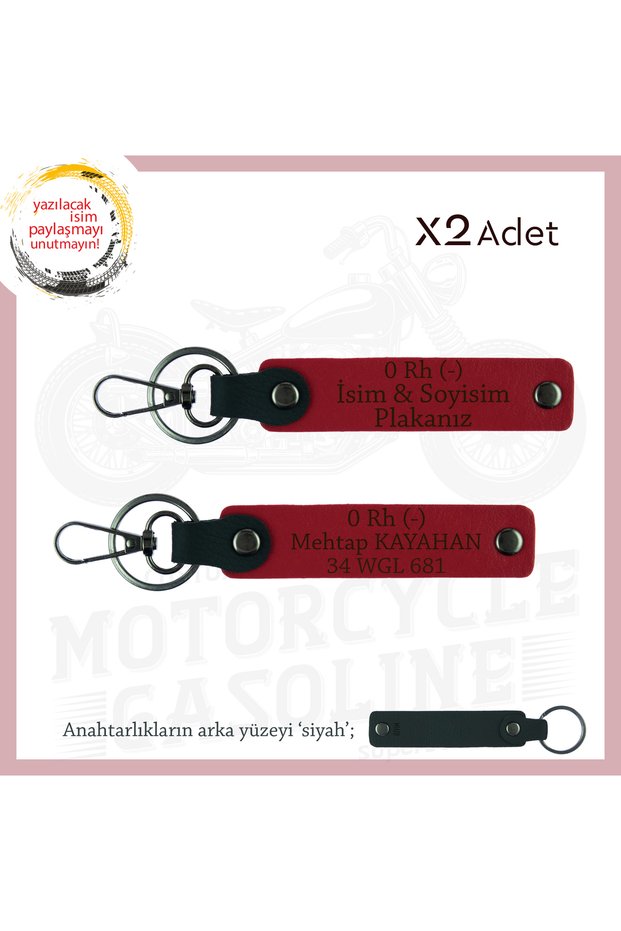 Gift for Motorcycle Rider Name Plate and 0 Rh - Blood Type Lettering 2'Li Keychain Set, Red-Syh