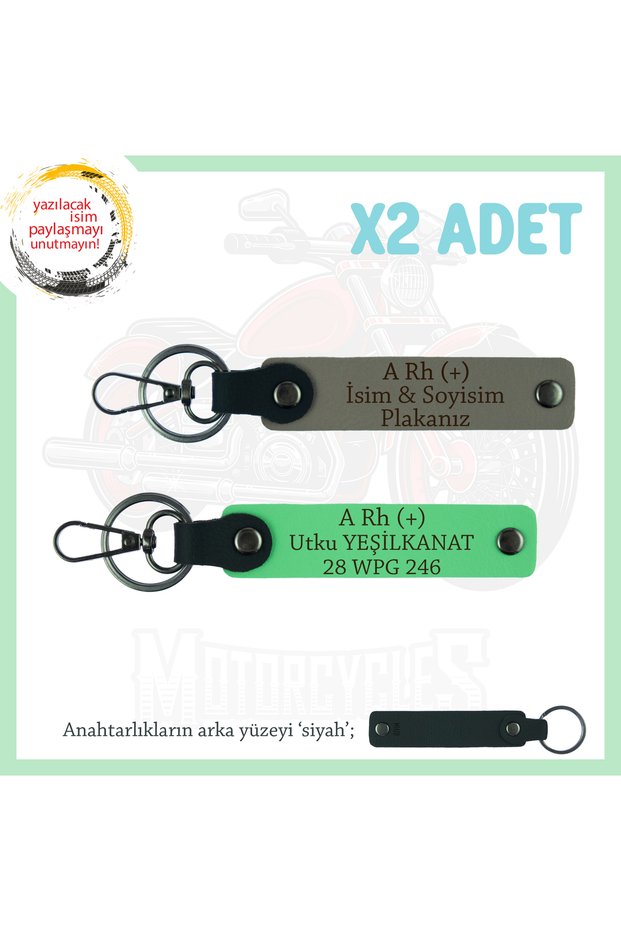 Custom Gift X2 Keychain, Ash Grey-F Green-Syh with Name Plate and a + Blood Type Written for Biker Friends