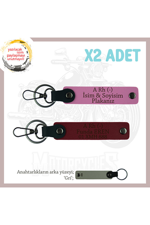 Gift with Name Plate and a Rh (-) Blood Group Lettered for Birthday, Leather X2 Keychain, Pink-Maroon-Gr