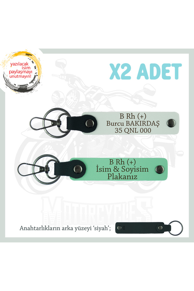 Speed Enthusiast's Custom Name Plate, Leather with B Rh (+) Blood Type Lettering X2 Keychain Set, Green-White-Syh