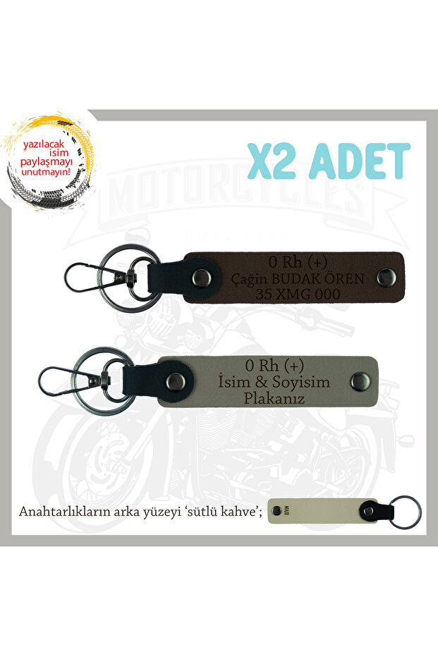 Personalized X2 Keychain, Ash Grey-K Coffee-Sk, for Road Enthusiasts, Name Plate and 0 Rh (+) Blood Group