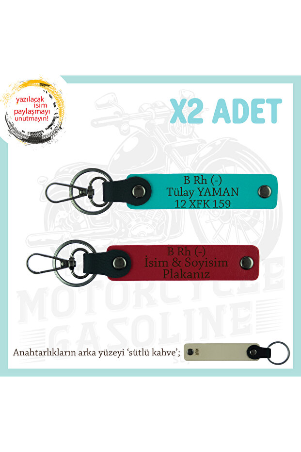 Exclusive for Biker Style, Name Plate and B Rh (-) Blood Group Lettering X2 Keychain, Red-K Turquoise-Sk