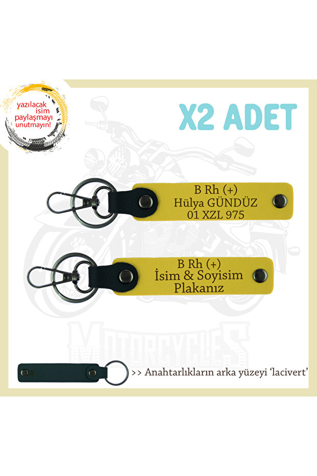 Biker Style, Custom Meaningful Gift X2 Keychain with Nameplate and B Rh (+) Blood Type Lettering, Yellow-Navy