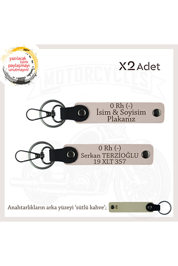 Set of Leather X2 Keychains with Name Plate and 0 Rh (-) Blood Group Written, Powder-Sk, Motorcycle Adventurers